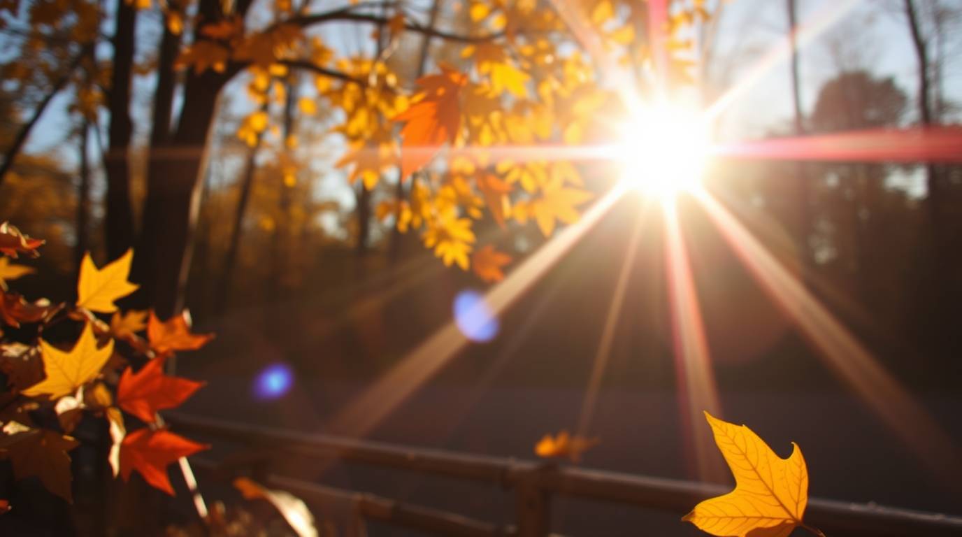 Home guidance captured in a warm autumn color palette with a bright lens flare, light streaks, and vibrant, earthy, and cozy tones